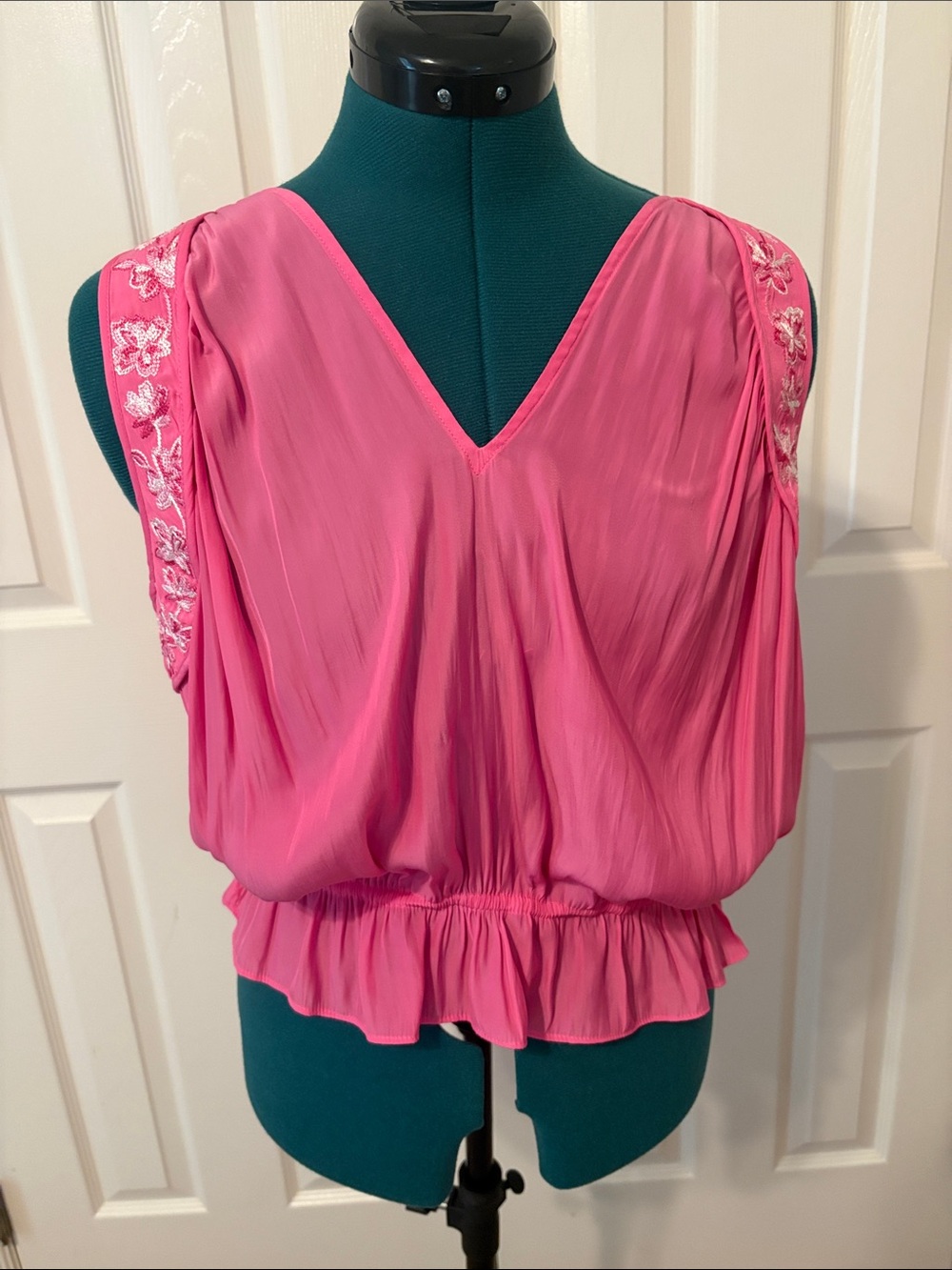Ramy Brook Bright Pink V-Neck Sleeveless Blouson Top with Embroidered Shoulders